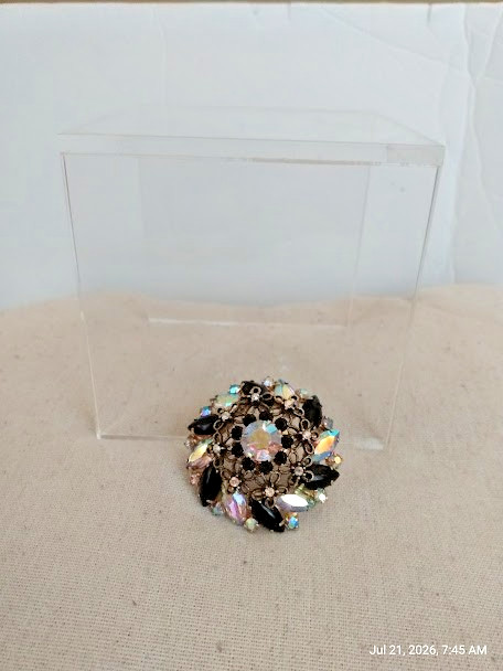 Stunning Dome Shaped Black & AB Marquis cut Rhinestone Flower Brooch