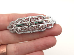 Vintage Art Deco Filigree Faux Gemstone Green Clear Glass Rhodium Plated Brooch