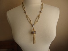 Vintage Art Glass Lavalier Filigree Tassel Necklace, Gold Tone, 22″