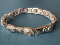 Vintage Thailand Multi Gemstone 14k Gold Plated & Sterling Silver Bracelet 7.5”