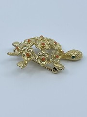 Vintage Brooch Pin De Nicola turtle faux coral and green rhinestone 1-3/4″