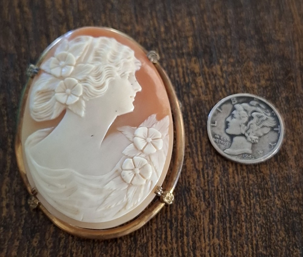 Rare Large Vintage Antique Shell Carved Cameo 1/20 12Kt Gold 2″ Long Brooch/Pin
