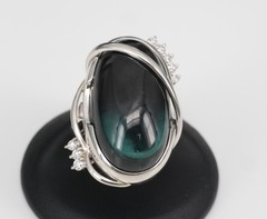 38.45ct Bi-Color Indicolite Tourmaline 0.28ct Diamond Platinum Ring Size 6.5