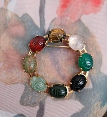 Vintage Scarab Beetle Brooch Carved Gemstones Gold Over Sterling