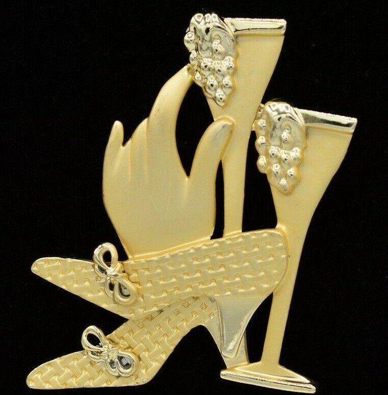 Vintage Pin Brooch Statement Brushed Gold Cocktail Heels Hand Wine 80s Chic Bin5