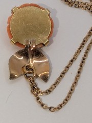 Krementz Carved Coral Rose Flower With Gold Tone Leaves Pendant On 17.75″ Chain.