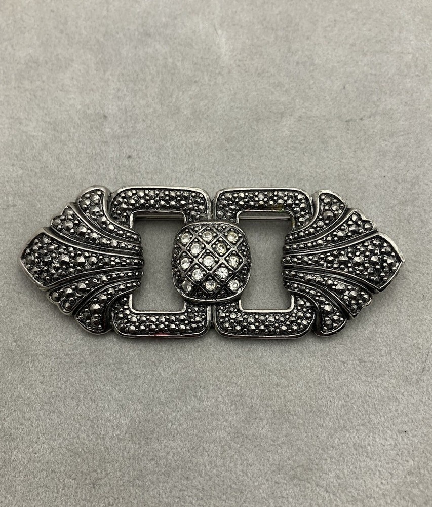 Vintage Style Silvertone Brooch Rhinestones Marcasite 3 X 1.5 Inches