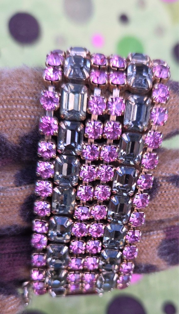 Vintage 1950s Pink & Smoky Gray Rhinestone Bracelet – Glam Statement, Gold