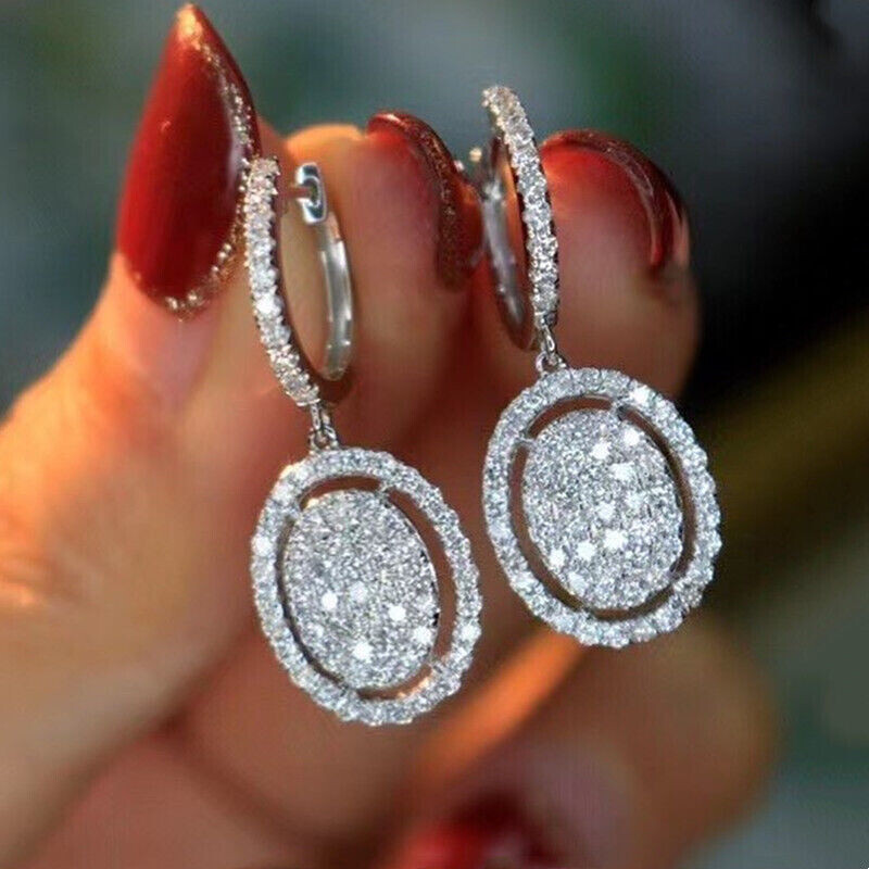 Oval Halo Drop Wedding Earrings 2.4 Ct Simulated Diamond 14K White Gold Plated