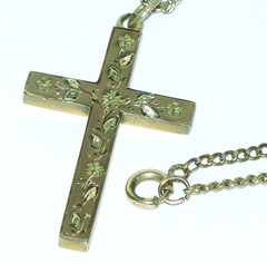 Mid Victorian English Cut & Applied 10K Rose & Green Gold Top Cross~HFB Co Chain