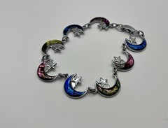 Celestial Moon Star⭐️Rainbow Dyed Abalone Charm Vintage Bracelet 7 Inch EUC
