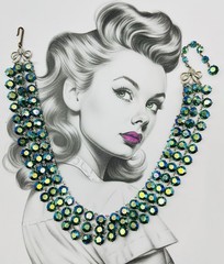 Vintage 3 Strand Peacock Green/Blue Aurora Borealis Crystal Necklace Not Signed