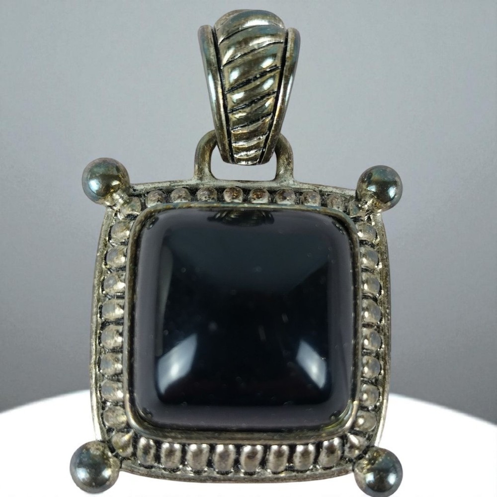 Vtg Premier Design Silver Tone Black Onyx Style Cabochon Pendant Costume