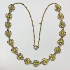 Vintage Gold Tone Necklace Filigree Petals With Lime Green Rhinestones 22”