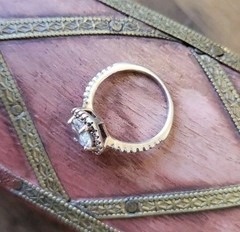 Vtg Gold Tone Engagement Ring, Clear Stone Halo Setting Pave Band, Size 4.25