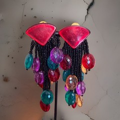 Vintage 80s Colorful Beaded Clip On Earrings Funky Chunky Dangle Statement Retro