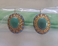 Vintage Gold Gilt Sterling Silver Turquoise Blue Enamel Dangle Earrings Jewelry