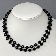 Beaded Stone Necklace Black Gemstone Endless Chakra Energy Silver Tone Spacer