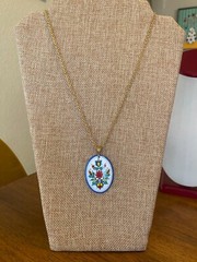 Folk Art Flower Necklace Colorful Enamel Pendant Red Yellow Blue Green 20″ Chain