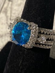 Sz 8 Cushion Cut 925 Ring Blue Topaz Color Stone Sterling Silver Filigree Signed