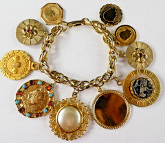 Vintage Heavy Charm Bracelet All Round Charms Gold Plated Engravable Good Luck