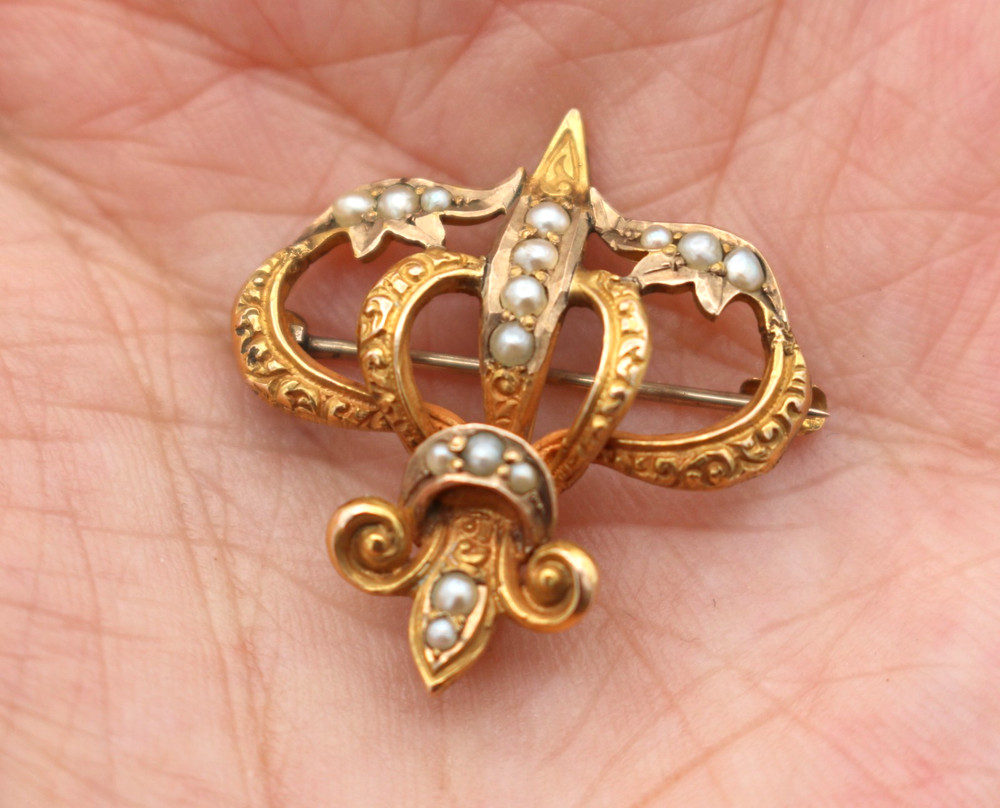 Antique 14K Gold Fleur De Lis Seed Pearl Brooch Pin & Pendant 3.1g