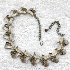 Vintage ART Signed Necklace Brushed Silver Tone Choker Smoky Topaz Rhinestones