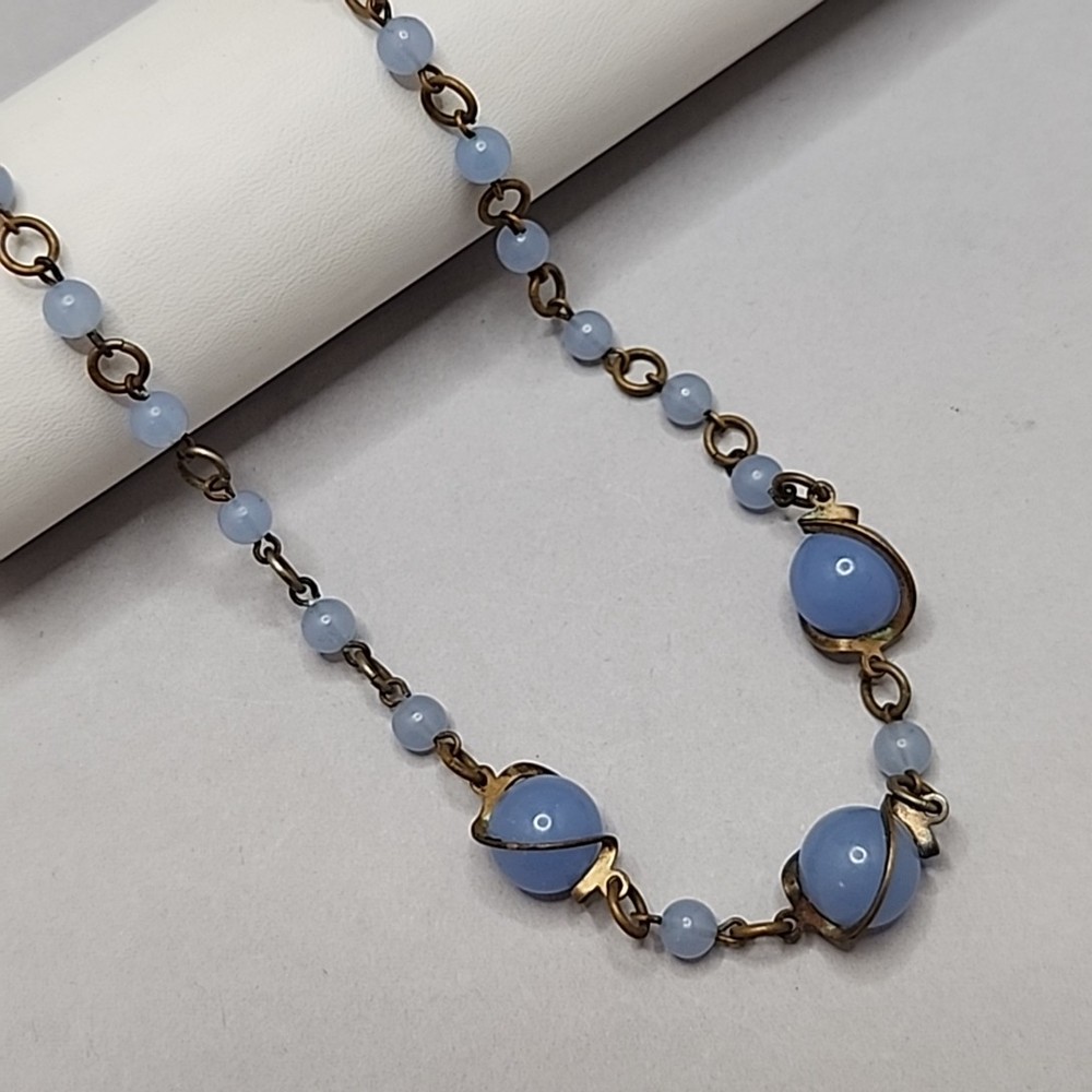 Vintage Glass Beaded Necklace Blue Gold Tone Choker 16″