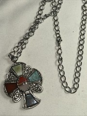 VTG MIRACLE CELTIC CROSS PENDANT NECKLACE COLOURED GLASS SEMI-PRECIOUS STONES