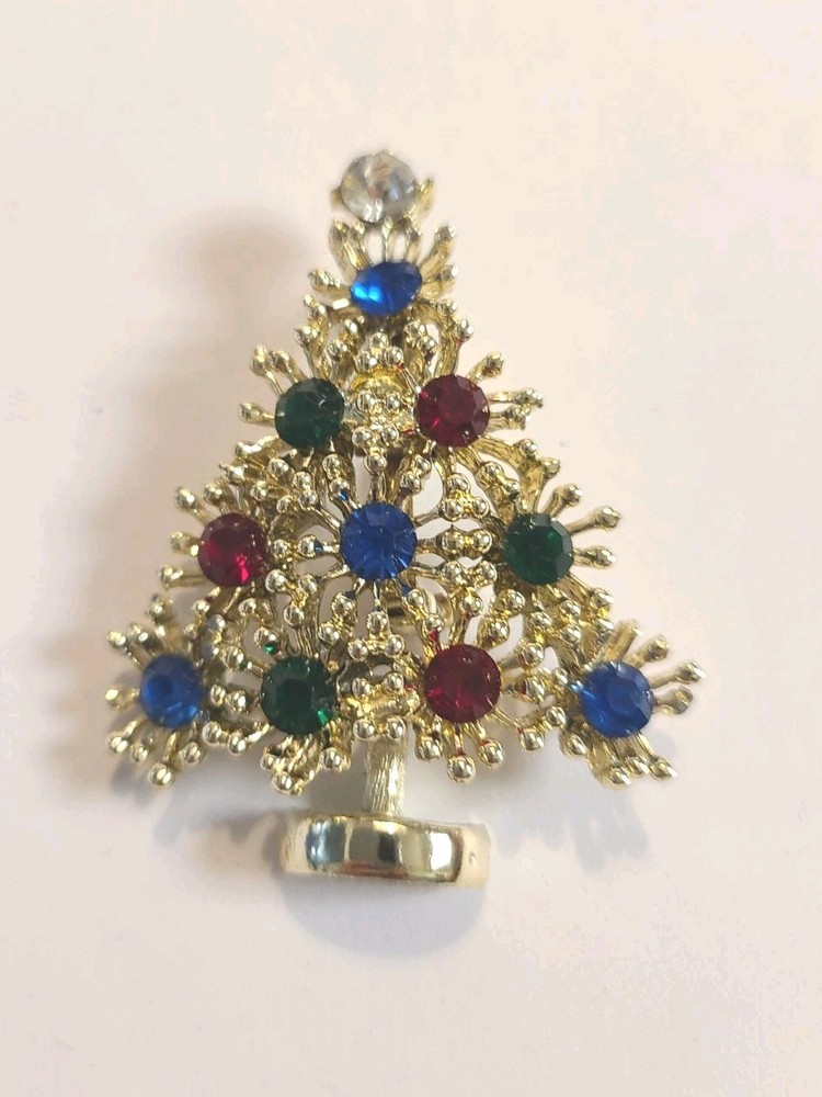 VTG Christmas Tree Brooch Lapel Pin Gold Toned Green Red & Blue Rhinestones