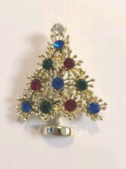 VTG Christmas Tree Brooch Lapel Pin Gold Toned Green Red & Blue Rhinestones