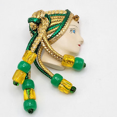 Lady Face Hand Painted Resin Braided Bead Long Hair Art Deco Revival Brooch Pin
