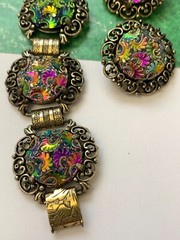 Vintage 1950s JUDY LEE Bracelet and Earrings Set Iridescent Carnival Glass Rare