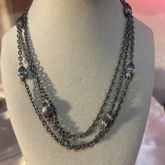 Vintage Monet Chain Textured Station Bead Necklace Silver Tone 53”