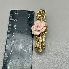 Vintage Brooch Women Pink Porcelain Rose Gold Tone Filigree Bar Pin 2.25 Inch