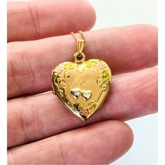 Vintage 1/20 14k Yellow Gold Filled MOM Heart Locket w/ Pink Flowers Necklace