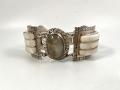 VINTAGE SILVER MEXICO BEIGE & WHITE AGATE PANEL BRACELET 7.25