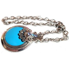 Vintage Turquoise Pendant Necklace Silver Tone Marcasite Style Thick Oval Link