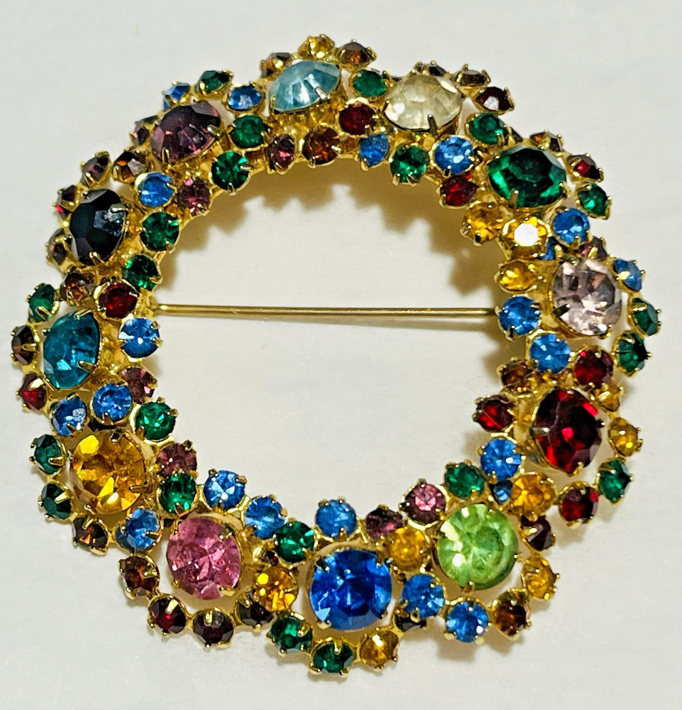 Vintage Multicolor Rhinestone Circle Brooch Pin Prong Set Gold Tone Setting