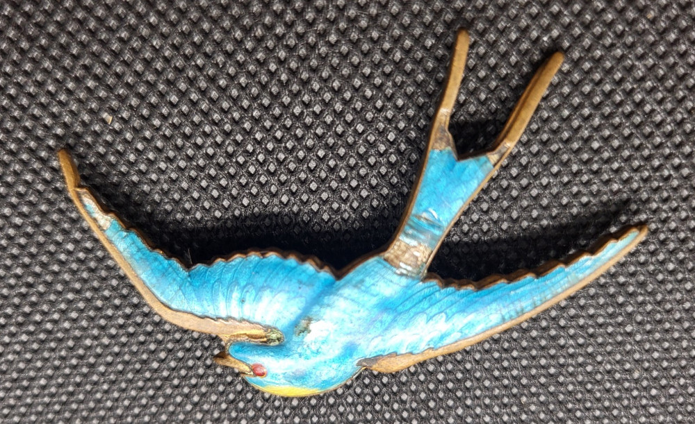 Vintage Blue Guilloche Enamel Swallow Bird Brooch Pin Brass C Clasp Antique Styl