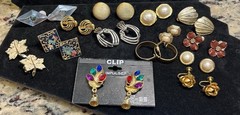 Vtg clip on earrings 14 Pairs Silver Gold Tone Metal Faux Stones Mixed Materials