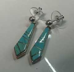 Calvin Begay Turquoise Inlay Dangle Earrings Native American Sterling Silver #8