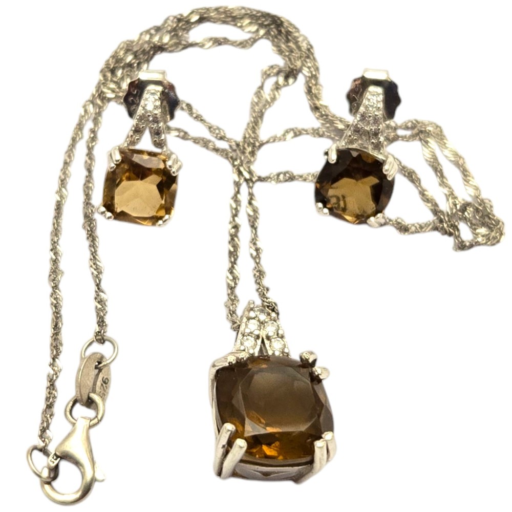 Vintage Jtv Citrine Diamonds Sterling Silver Necklace And Earring Set