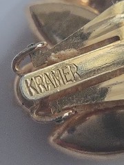 Vtg KRAMER FROSTED AB RHINESTONE FAUX PEARL CLUSTER CLI P EARRINGS