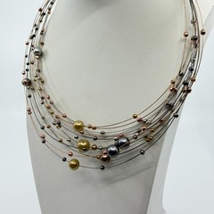Multi Strand Wire Necklace Mixed Metallic Beads Statement Layered Jewelry Gift
