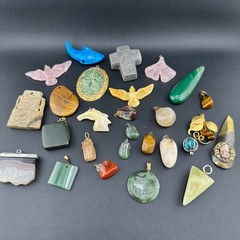 Vintage Gemstone Pendant Charm Lot Jade Quartz Agate Tigers Eye Jasper 25+