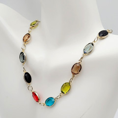 Choker Multicolor Crystal Station Gold Tone Patented Side Clasp Necklace 14.5 In