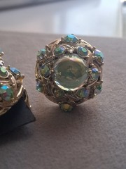 Hollycraft 1950s demi-parure green cab & AB clip on earrings & adjustable ring