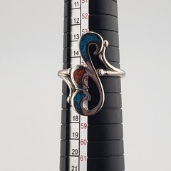 Silvertone Southwest Ring 7.5 Filigree Swirl Turquoise Coral Inlay Artist Signed