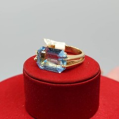 Vtg Sz 6 Ring Lg Aqua Blue Cubic Zirconia 18KGE Gold Electroplated Jewelry StyL2